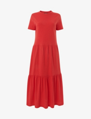 Whistles Tiered Organic Cotton-jersey Midi Dress In Red