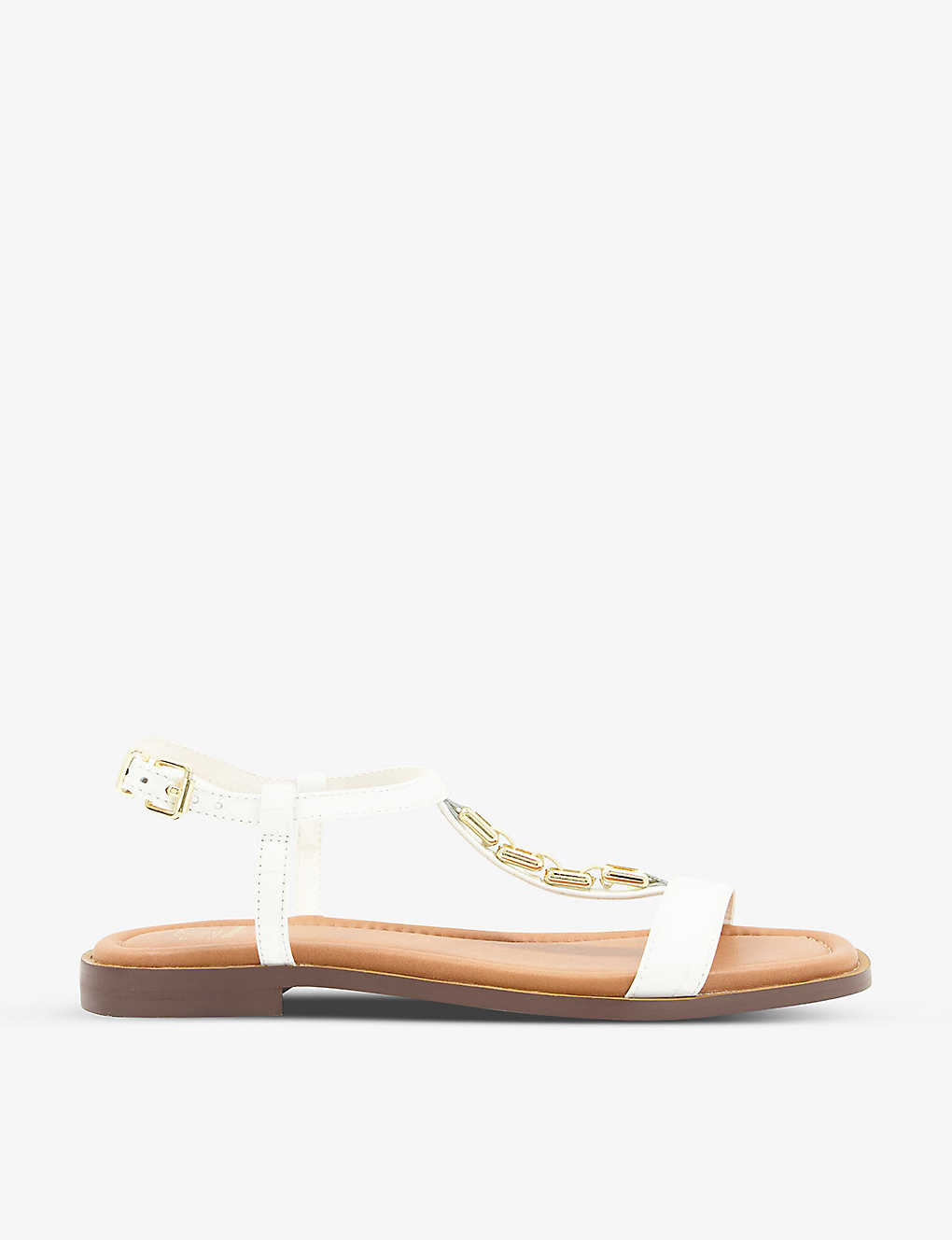 Dune Womens White-croc Print Leather T-bar Chain-embellished Leather Sandals