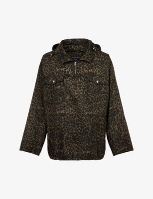 Allsaints Mens Worn Brown Leo Punta Oversized Leopard-print Woven Jacket