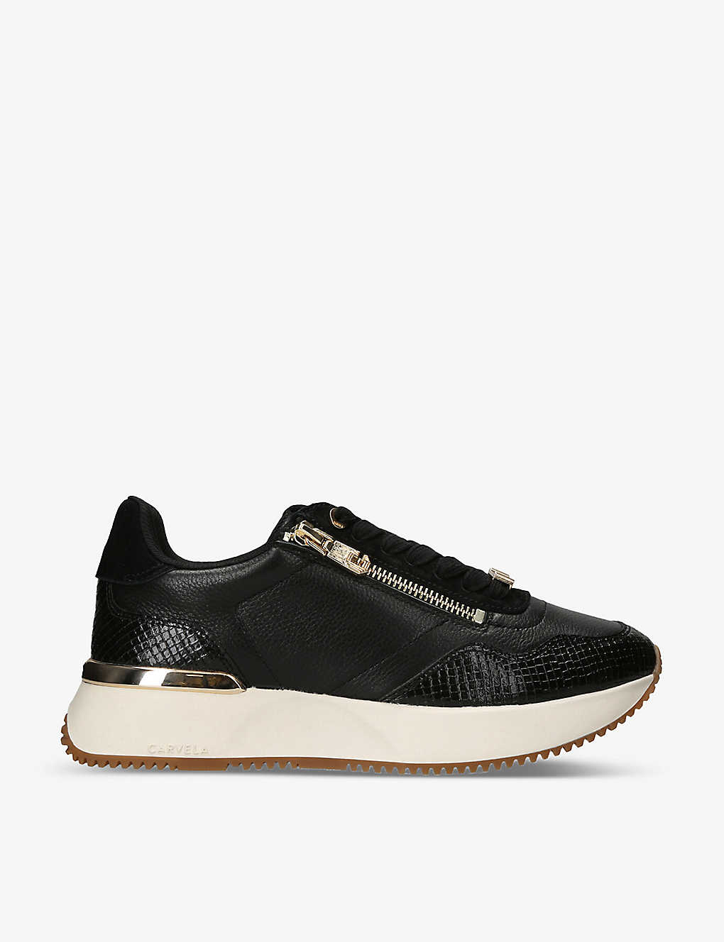 Carvela Womens Black Flare Logo-embellished Metallic-leather Low-top Trainers
