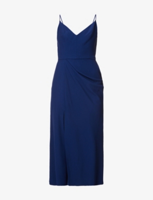 Alexander Mcqueen V-neck Draped Woven Midi Dress In Midnight Blue