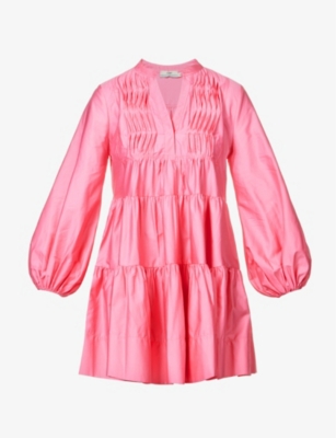 DEVOTION TWINS DEVOTION TWINS WOMEN'S COLLEGE PINK 2010 CP2010 PESADA TIERED FLARED-HEM RELAXED-FIT COTTON MINI DRE,66205693