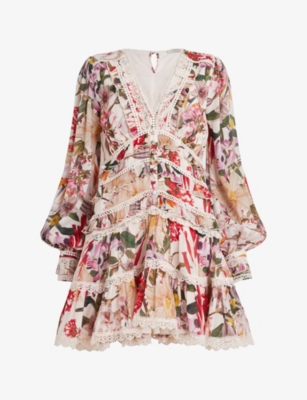 ALLSAINTS - Zora Leondra floral-print lace-trim woven mini dress ...