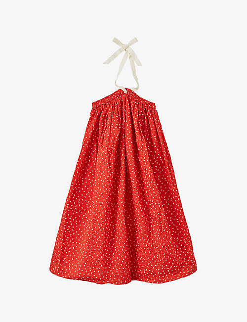 CARAMEL: Agave poppy-print seersucker-cotton dress 3-12 years