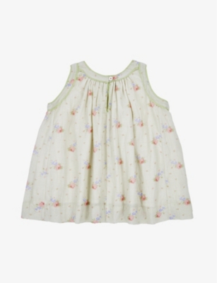 CARAMEL ROSE BOUQUET PRINT GINGER FLORAL-EMBROIDERED LINEN DRESS 3 MONTHS - 12 YEAR