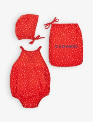 Caramel Babies'  Red Poppy Lavendula Polka-dot Seersucker-cotton Two Piece Set 3-18 Months