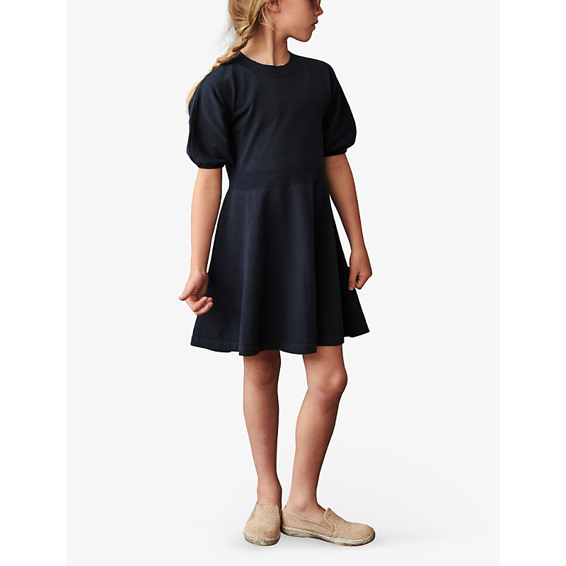 Shop Caramel Soybean Puff-sleeve Cotton Dress 4 Years In Navy