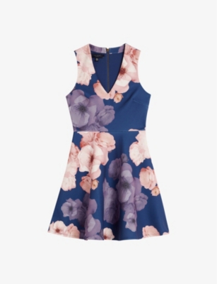 Ted Baker Womens Dk-blue Emleey Floral-print Stretch-woven Mini Dress