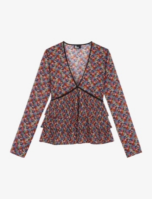 The Kooples Blazing Field Floral Print Tiered Top In Mu01