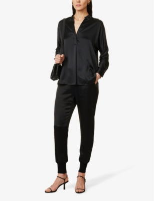 Vince Silk Satin Band Collar Blouse In Black