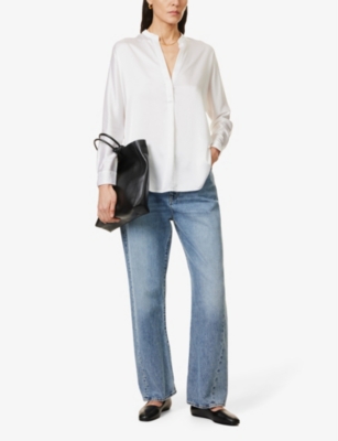 Vince Band-collar Long-sleeve Silk Blouse In Optic White