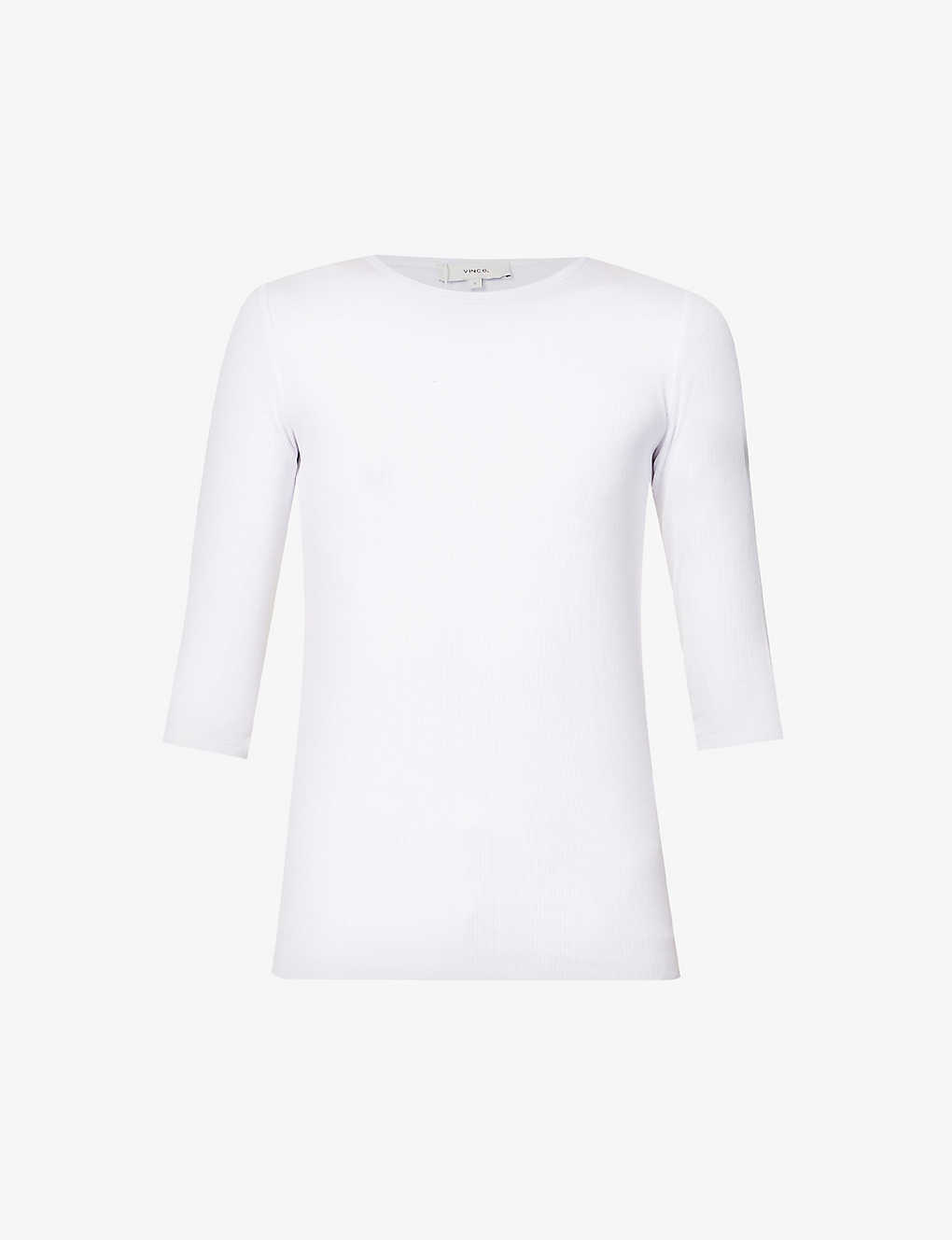 Shop Vince Three Quarter-length Sleeve Ribbed Stretch-woven Top In White