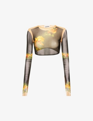 Jean Paul Gaultier Womens Beige Black Floral-print Slim-fit Woven Top In Beige Black