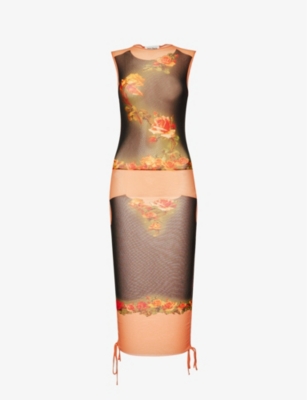 Jean Paul Gaultier Flowers Petit Grand Print Gathered Midi Dress In Beige Black