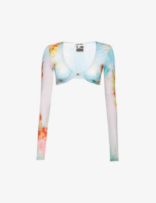 Jean Paul Gaultier Womens Pink Yellow Flower-print Cropped Stretch-woven Top In Pink Yellow