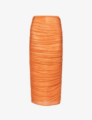 Self-portrait Ruched Crystal-embellished Mesh Midi Skirt In Orange