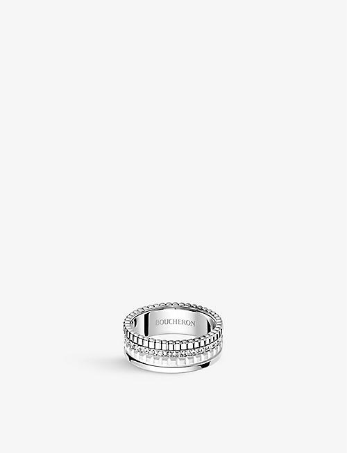 BOUCHERON: Quatre Double White Edition small 18ct white-gold, white hyceram and 0.26ct round-brilliant cut diamond ring