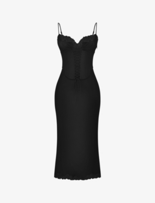 House Of Cb Salma Lace-trim Stretch-woven Midi Slip Dress In Black