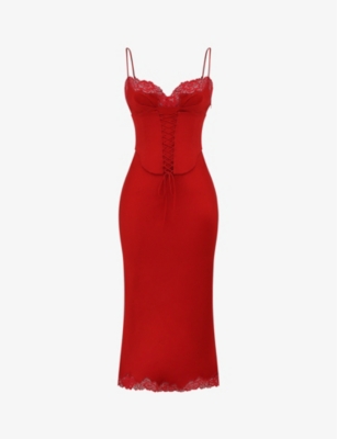 HOUSE OF CB: Salma lace-trim stretch-woven midi slip dress