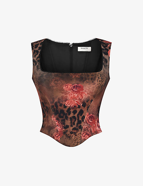 HOUSE OF CB: Kalina floral and animal-print stretch-woven corset