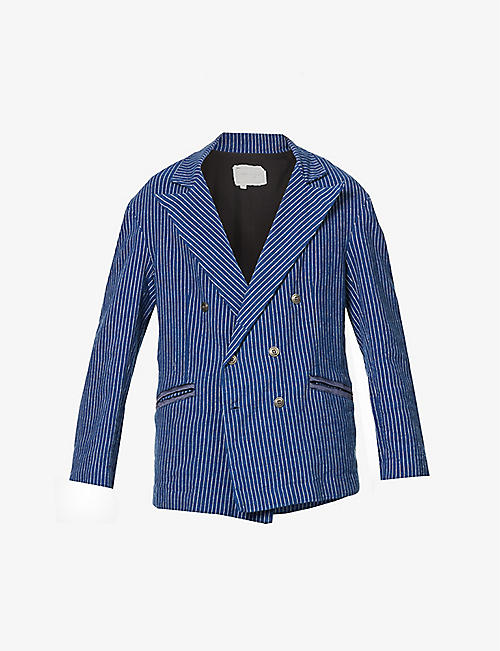 GREG LAUREN: Pinstriped asymmetrical double-breasted cotton-blend blazer
