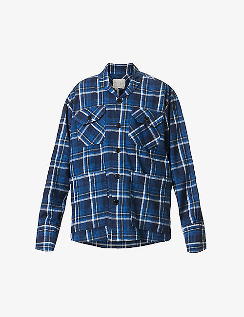 GREG LAUREN: Plaid-pattern shawl-collar boxy-fit cotton shirt