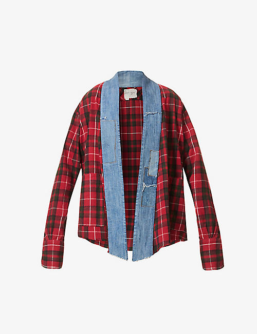 GREG LAUREN: Plaid-patterned contrast-shawl collar relaxed-fit cotton shirt