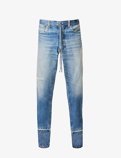 GREG LAUREN: Distressed layered-cuff straight-leg jeans