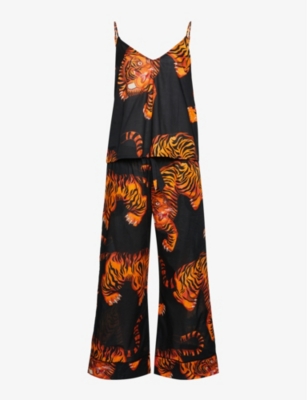 Desmond And Dempsey Womens Black Rayas Tiger-print Cotton Pyjamas