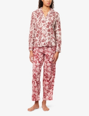DESMOND AND DEMPSEY AND DEMPSEY WOMENS CRM/BURG & RED/PINK RAYAS TIGER-PRINT COTTON PYJAMAS 