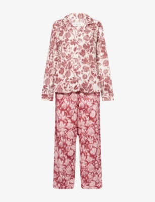 Desmond And Dempsey And Dempsey Womens Crm/burg & Red/pink Rayas Tiger-print Cotton Pyjamas