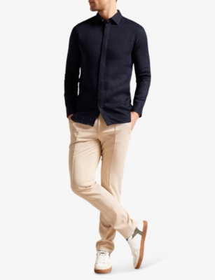 Shop Ted Baker Men's Navy Jasperr Regular-fit Long-sleeve Linen-blend Shirt