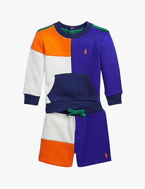 POLO RALPH LAUREN: Logo-embroidered colour-block cotton-jersey sweatshirt and shorts set 6-24 months