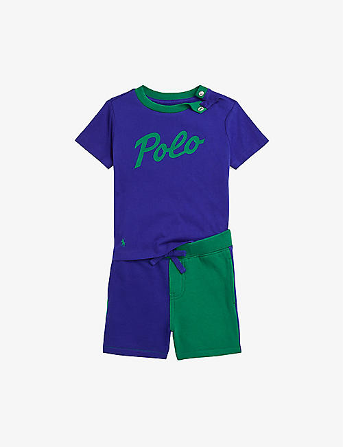 POLO RALPH LAUREN: Brand-text colour-block cotton-jersey sweatshirt and shorts set 3-24 months