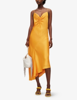 Shop Allsaints Women's Citrus Orange Alexia Bias-cut Recycled-polyester Midi Dress