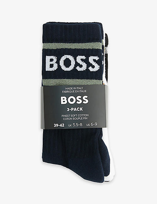 BOSS: Pack of three logo-embroidered stretch-cotton blend socks