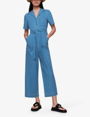Shop Whistles Women's Blue Ciara Open-collar Elasticated-back Cotton Jumpsuit