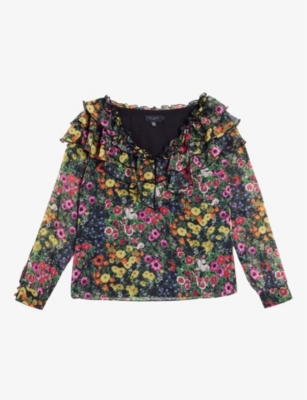 TED BAKER: Amell frilled V-neck floral-print woven top