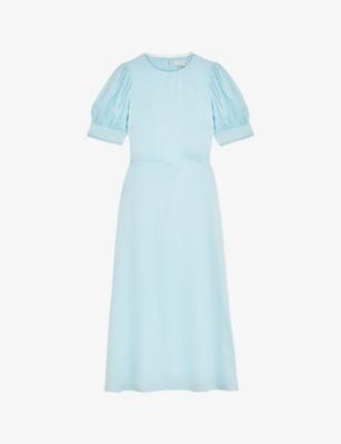 Ted Baker Womens Sky-blue Azilea Puff-sleeve Waist-tie Woven Midi Dress