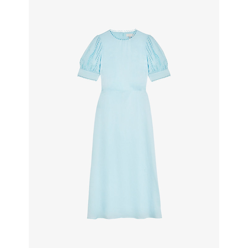 Ted Baker Womens Sky-blue Azilea Puff-sleeve Waist-tie Woven Midi Dress