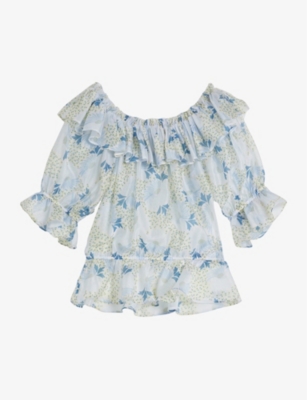 TED BAKER: Floral-print off-the-shoulder woven top