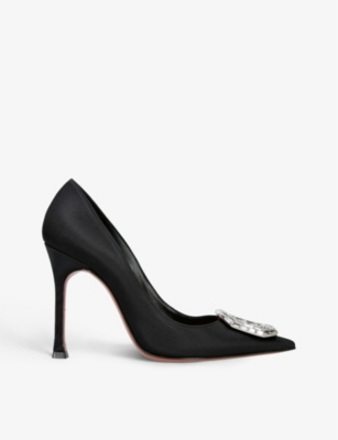 Shop Amina Muaddi Women's Black Camelia Crystal-embellished Satin Courts