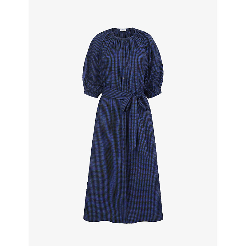 Aligne Hibiscus Striped Recycled-polyester Maxi Dress In Navy Seersucker
