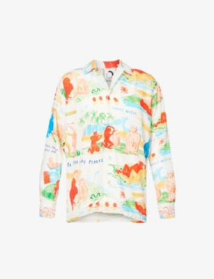 Endless Joy Mens Ecru Faraway Places Graphic-print Regular-fit Woven Shirt In Ecru