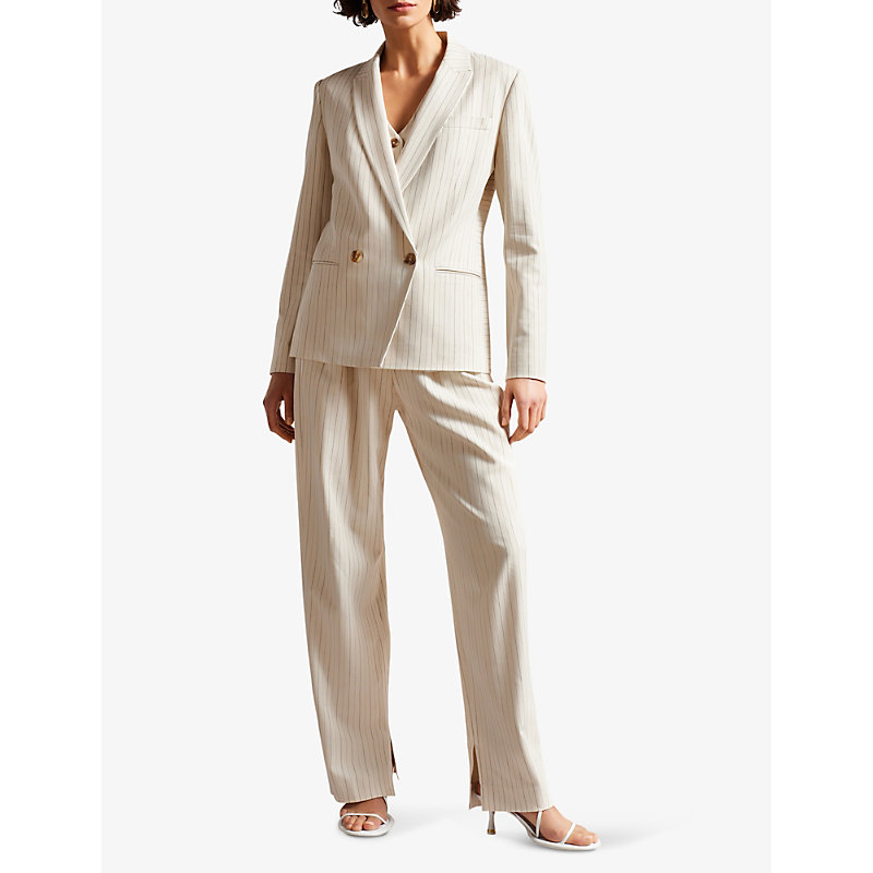 Shop Ted Baker Double-breasted Pinstripe Stretch-woven Blazer In Cream