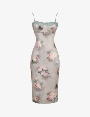 Shop House Of Cb Womens Vintage Floral Venus Floral-print Satin Midi Dress In Cream