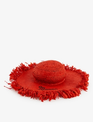 MARNI MARNI WOMEN'S LACQUER LOGO-EMBROIDERED FRAYED-EDGE RAFFIA HAT,66429327