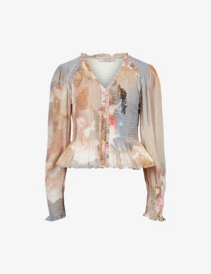 Allsaints Maya Rosalia Smocked Top In Sunrise Blue