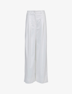 Leem Womens Off White Pleated Wide-leg Cotton-blend Trousers
