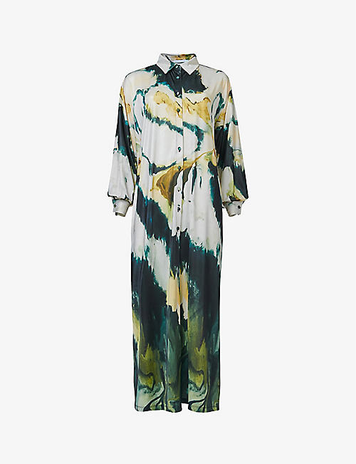 LEEM: Marble-print relaxed-fit stretch-woven midi shirt dress
